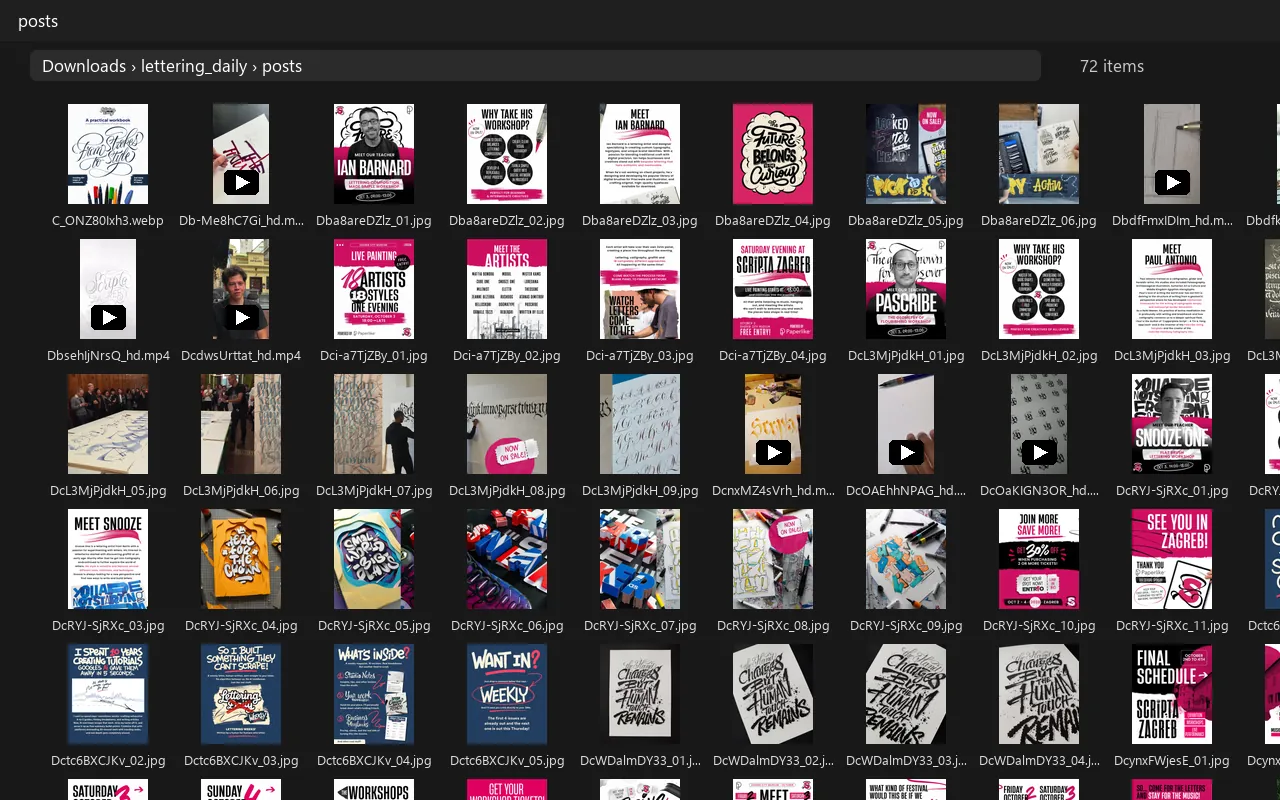 The downloaded posts folder, with photos and HD videos named by post