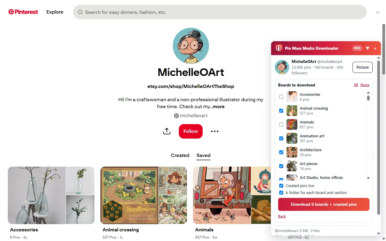 The board list of a Pinterest profile in the panel, a few boards ticked